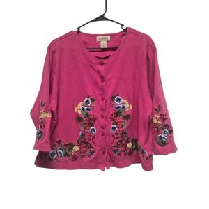 Bechamel Cottagecore Cardigan Pink Sweater Size XL Floral Embroidery Design